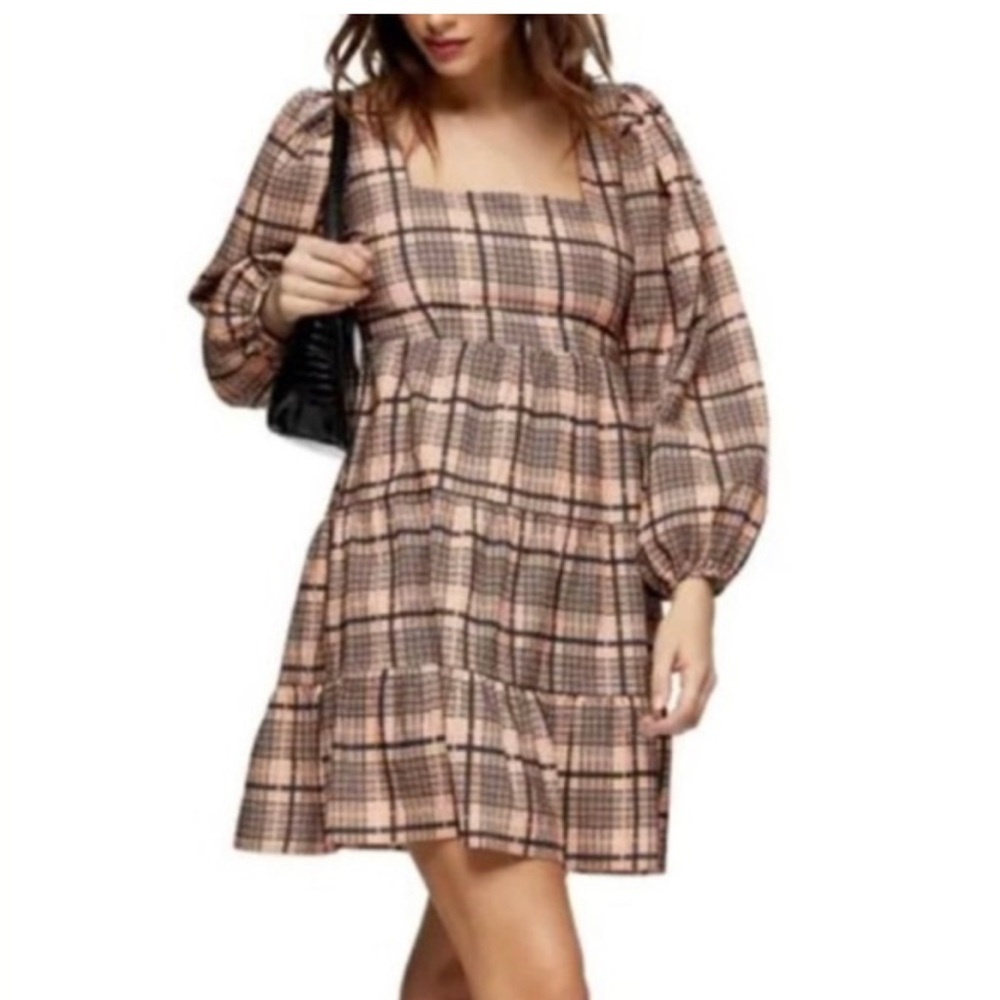 NWOT TOPSHOP Textured Plaid Mini Dress w/ Puffy Long Sleeves Size 8